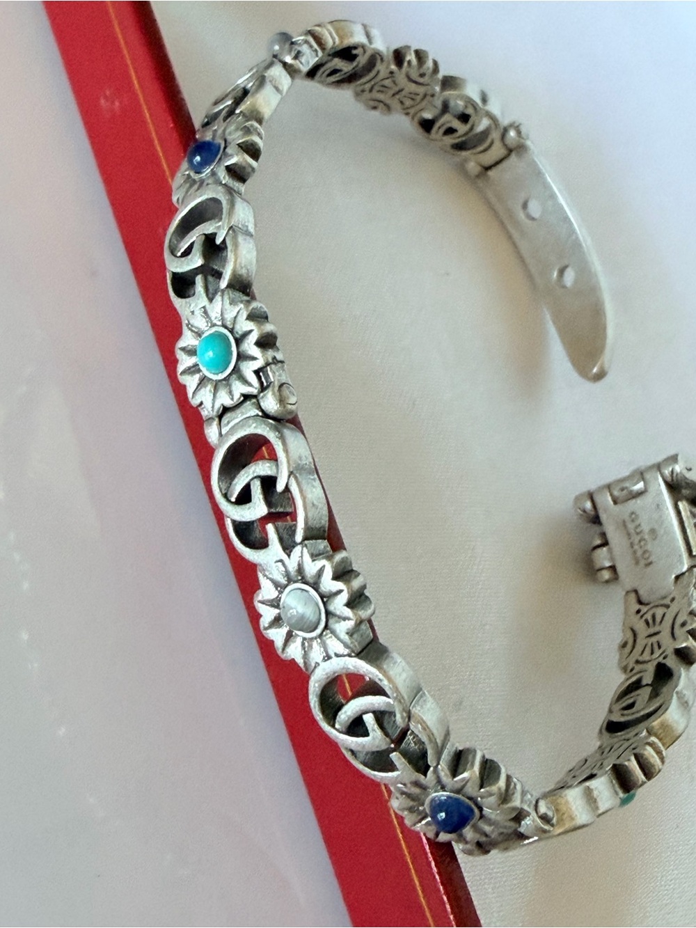 Gucci Silver Floral Cuff Bracelet with Blue and Turquoise Stones
